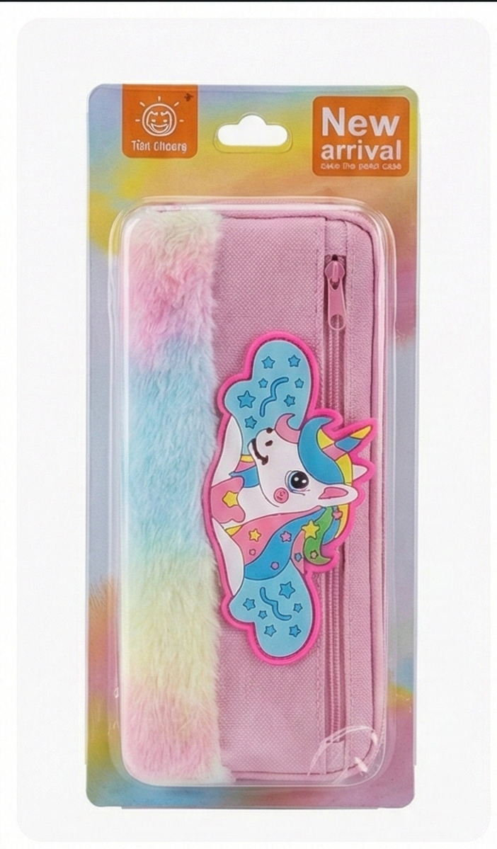 Rainbow Unicorn Pencil Case with Fluffy Trim