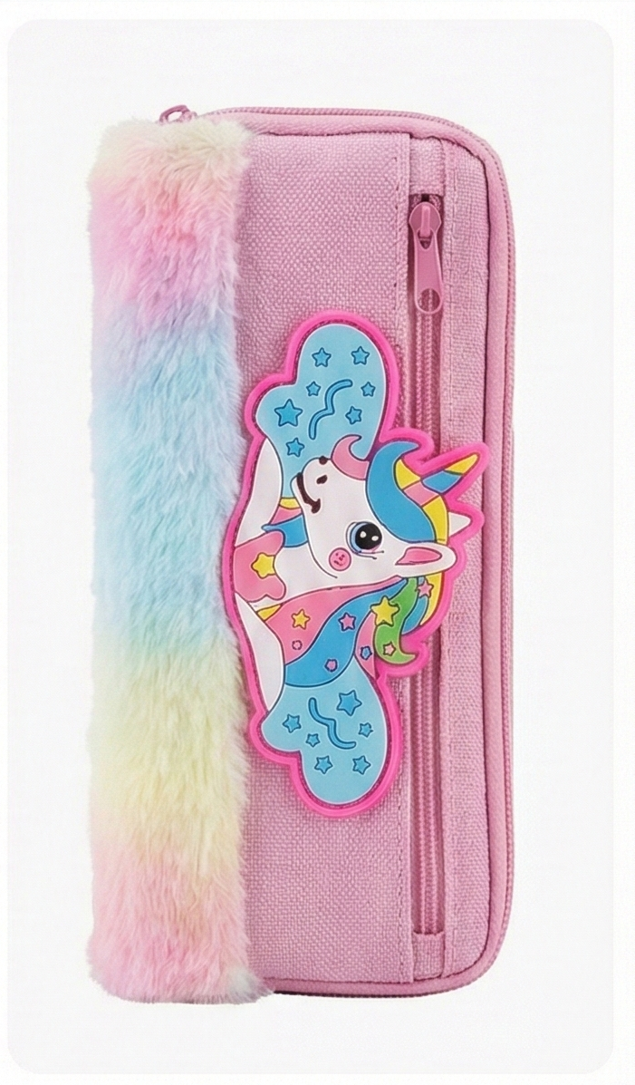 Rainbow Unicorn Pencil Case with Fluffy Trim